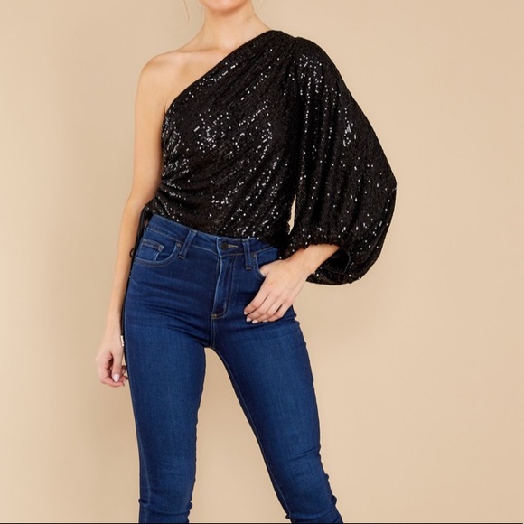 Black sequined one shoulder top - Picture 1 of 5